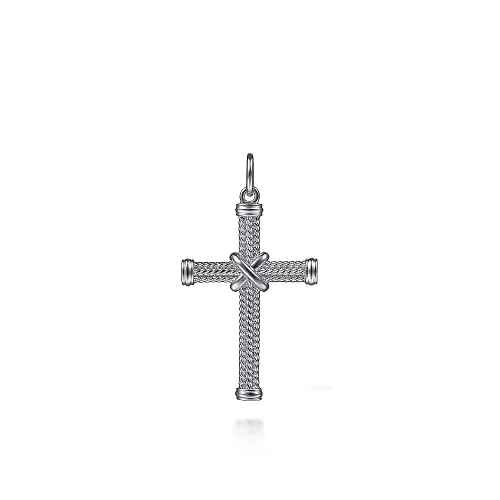 White Sterling Silver Rope Cross With X Center Charm