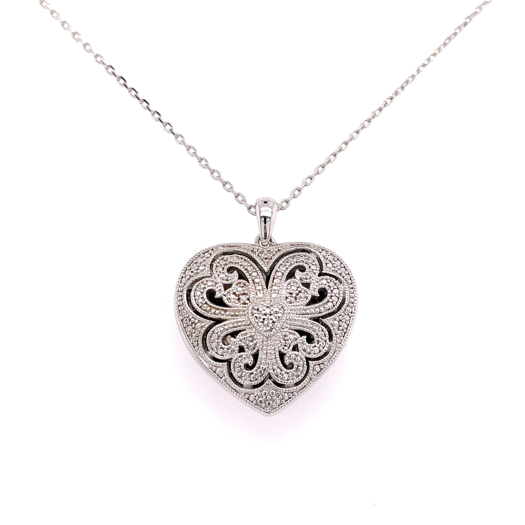 Lady's White Polished Sterling Silver Filigree Heart Locket Pendant Wi