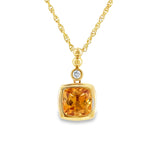 Lady's Yellow 14 Karat Cushion With Bezel Necklace Length 18 one = 1.22ct Cushion Citrine
one = 0.04ct Round G/H SI1 Diamond