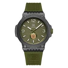 Tactical precision meets bold design in this distinctive GLOCK timepiece. The black stainless steel case is framed by a bezel with GLOCK’s iconic RTF texture - mirroring the grip of GLOCK’s core product. Set against a rugged olive green dial, the white