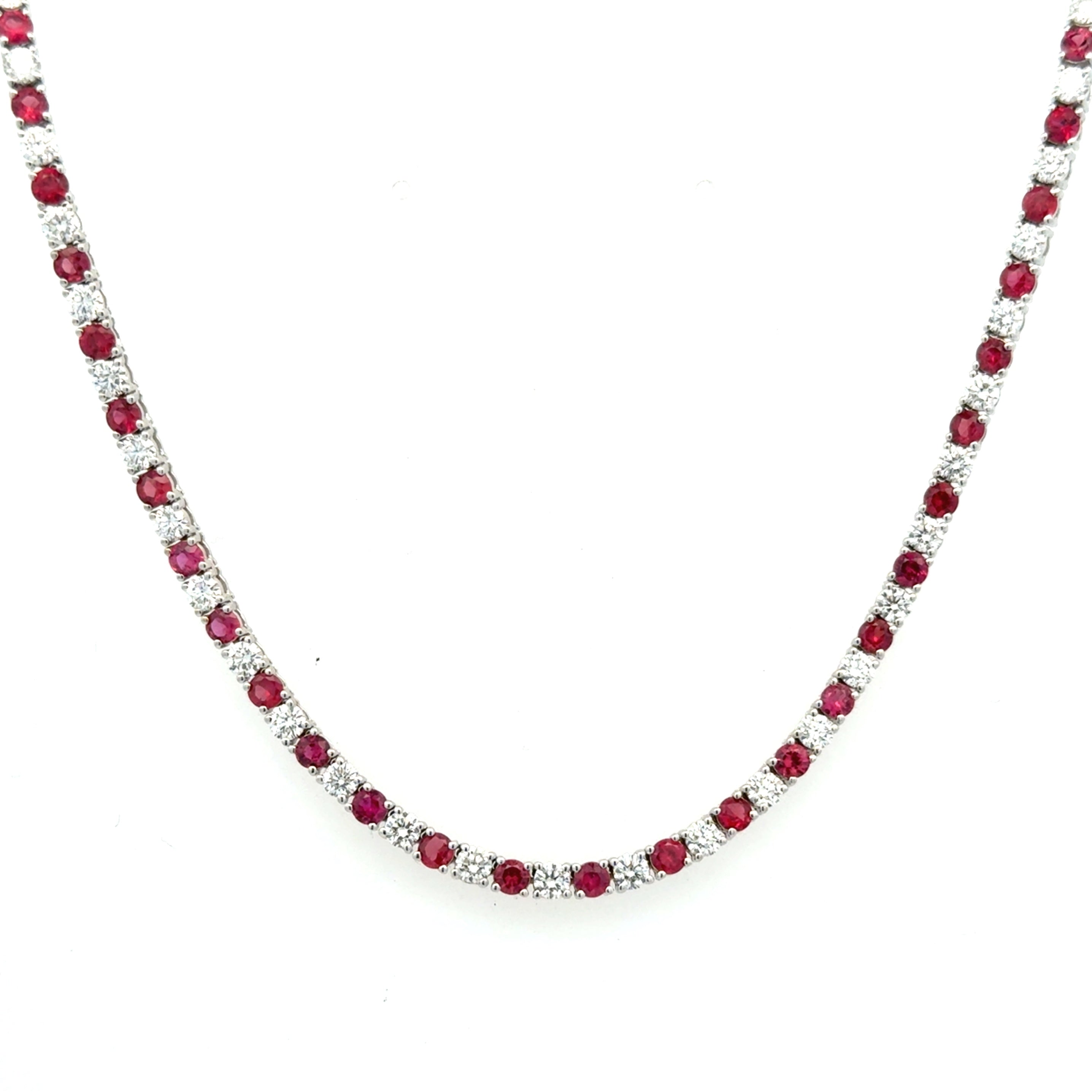 18 Karat White Gold Tennis Necklace with 6.70ctw Round Rubies, and 5.90ctw Round Diamonds