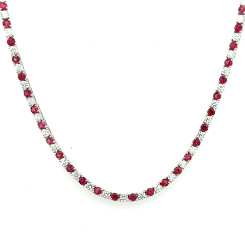 18 Karat White Gold Tennis Necklace with 6.70ctw Round Rubies, and 5.90ctw Round Diamonds
