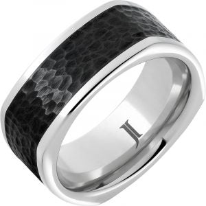 White Serinium 9Mm Black Ceramic Hammered Center Wedding Band Size 10