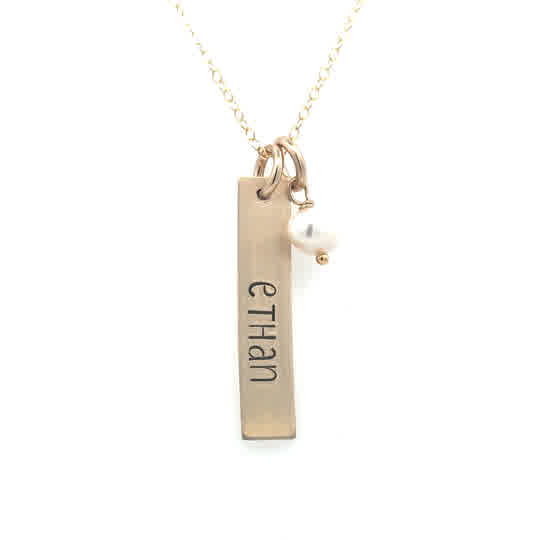 Lady's Yellow Gold Filled Rectangle Names With Single Pearl Necklace