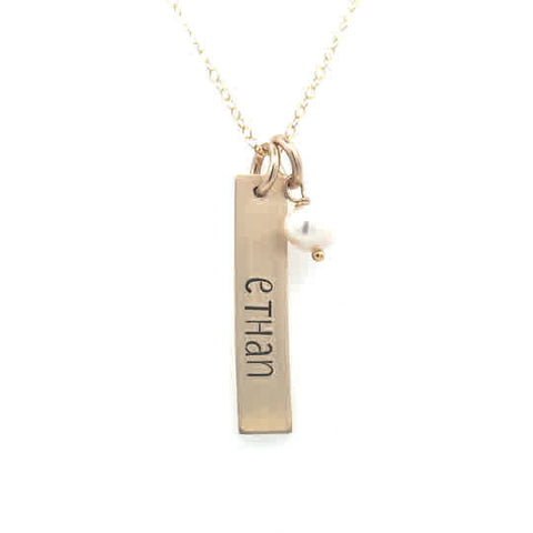 Lady's Yellow Gold Filled Rectangle Names With Single Pearl Necklace