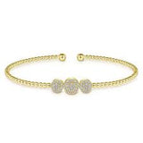 Yellow 14 Karat Bujukan Bead Cuff With Three Pave' Stations Bracelet Length 6 With = 0.34Tw Round G/H Si2 Diamonds