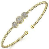 Yellow 14 Karat Bujukan Bead Cuff With Three Pave' Stations Bracelet Length 6 With = 0.34Tw Round G/H Si2 Diamonds