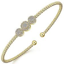Yellow 14 Karat Bujukan Bead Cuff With Three Pave' Stations Bracelet Length 6 With = 0.34Tw Round G/H Si2 Diamonds