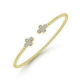 Lady's Yellow 14 Karat Quatrefoil End Caps Bujukan Cuff Bracelet Length 6 With 0.39Tw Round H/I Si2 Diamonds