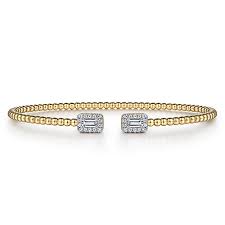 Yellow 14 Karat Bujukan Open Cuff With Halo Bracelet Length 6.25 With 2 = 0.18Tw Baguette G/H Vs2 Diamonds And = 0.13Tw Round G/H Si2 Diamonds