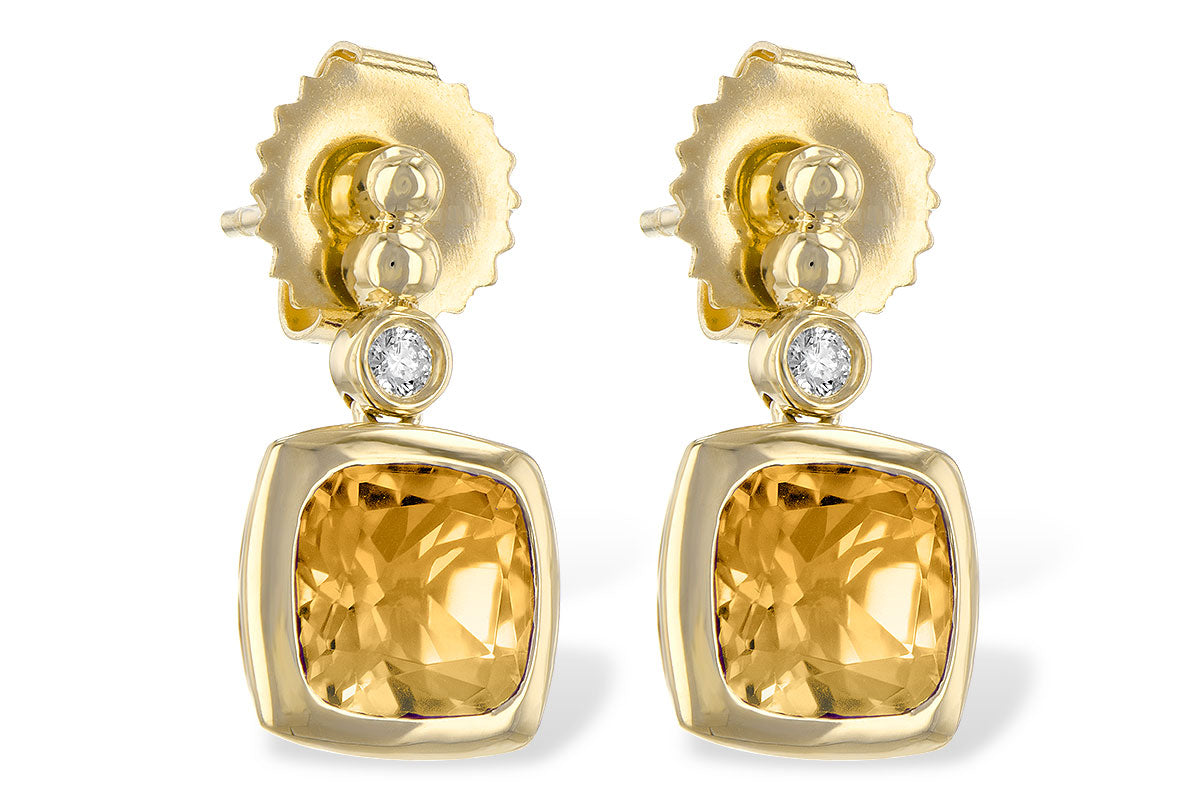 Lady's Yellow 14 Karat Cushion With Bezel Dangles Earrings With 2 = 1.66Tw Cushion Citrines And 2 = 0.04Tw Round G/H Si1 Diamonds