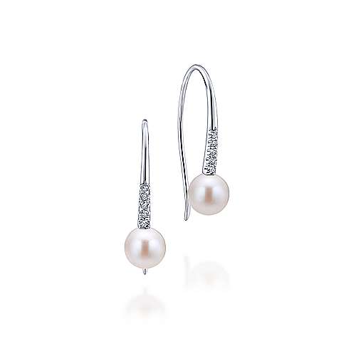 Lady's White 14 Karat Dangle Fashion Earrings Earrings With 2= Fresh Water Pearls And 0.08Tw Round H/I Si2 Diamonds