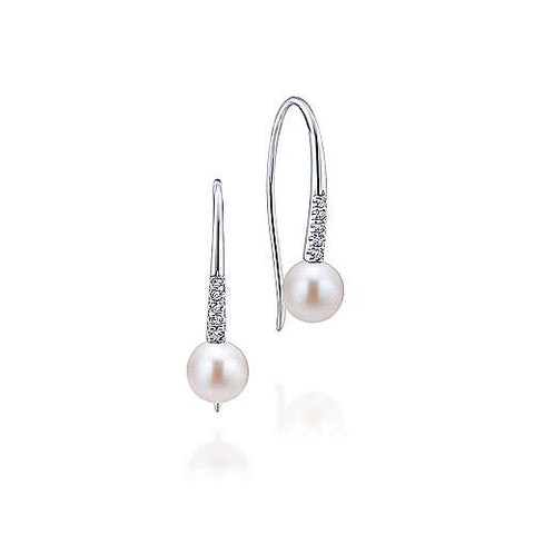 Lady's White 14 Karat Dangle Fashion Earrings Earrings With 2= Fresh Water Pearls And 0.08Tw Round H/I Si2 Diamonds