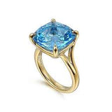 Lady's Yellow 14 Karat Solitaire With Split Shank Fashion Ring Size 6.5 With One = 14.67Ct Cushion Blue Topaz