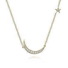 Lady's Yellow 14 Karat Crescent Moon, Stationary Necklace Length 17.5 With 0.12Tw Round H/I Si2 Diamonds