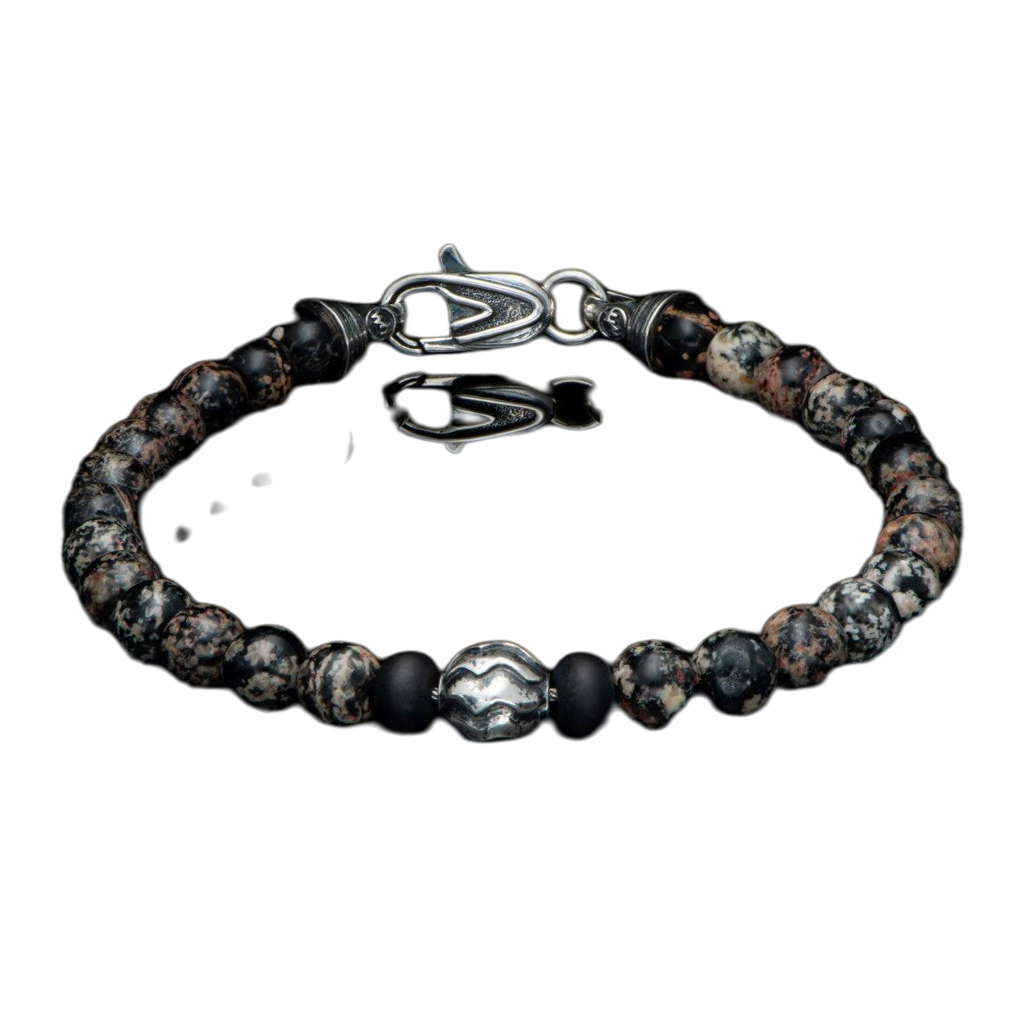 "Brookings" William Henry Sterling Silver Beaded Bracelet with Sterling Silver and Red Snowflake Obsidian Beads.