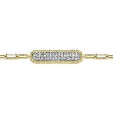 Yellow 14 Karat Paperclip, Pave' Bar Bracelet Length 7 With 0.59Tw Round H/I Si2 Diamonds