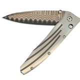 William Henry Knife The Gentac ‘Saturn III’ features a light and resilient frame in aerospace grade titanium, withtitanium pocket clip. The blade is William Henry's 'Copper Wave' damascus with a VG-5 core; the one-hand button lock and the thumb stud are s