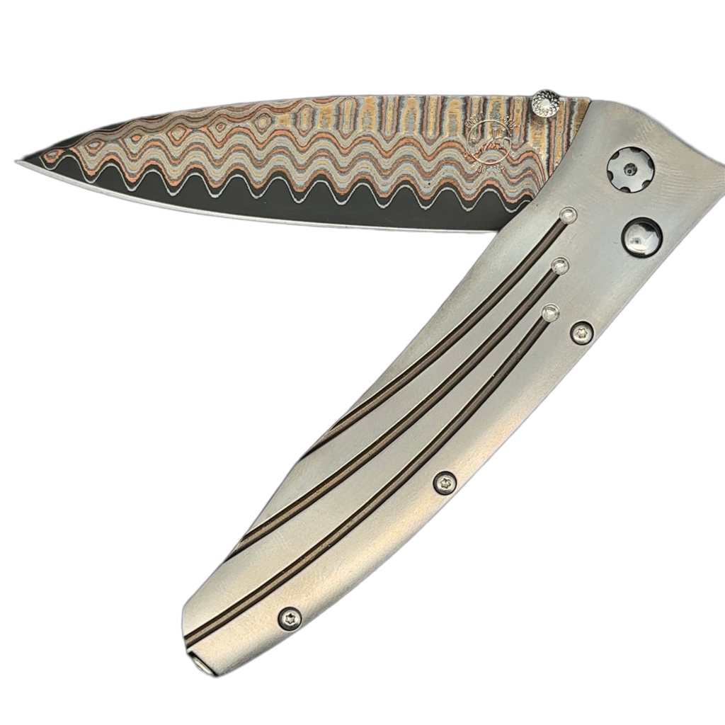 William Henry Knife The Gentac ‘Saturn III’ features a light and resilient frame in aerospace grade titanium, withtitanium pocket clip. The blade is William Henry's 'Copper Wave' damascus with a VG-5 core; the one-hand button lock and the thumb stud are s