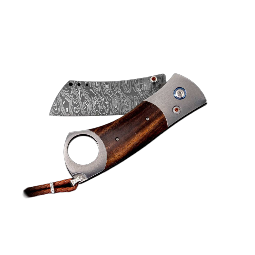 "Havana" William Henry Cigar Cutter with Titanium and Desert Ironwood Frame and Damascus Steel Blade, Can Trim Up to a 52 Gauge Cigar.