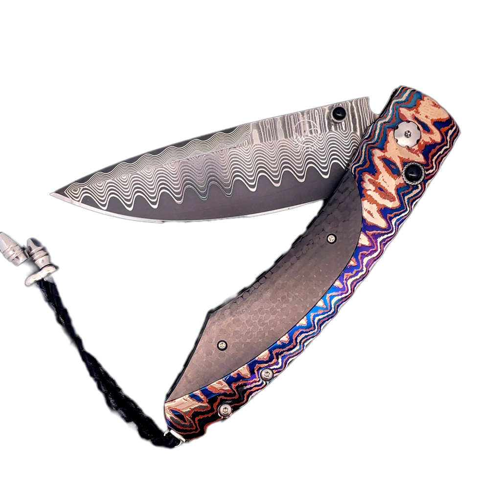 The Spearpoint 'Midnight Sky' William Henry Knife with 'Wave' Mokume Gane and Carbon Fiber Details, and 'Wave' Damascus Steel Blade.