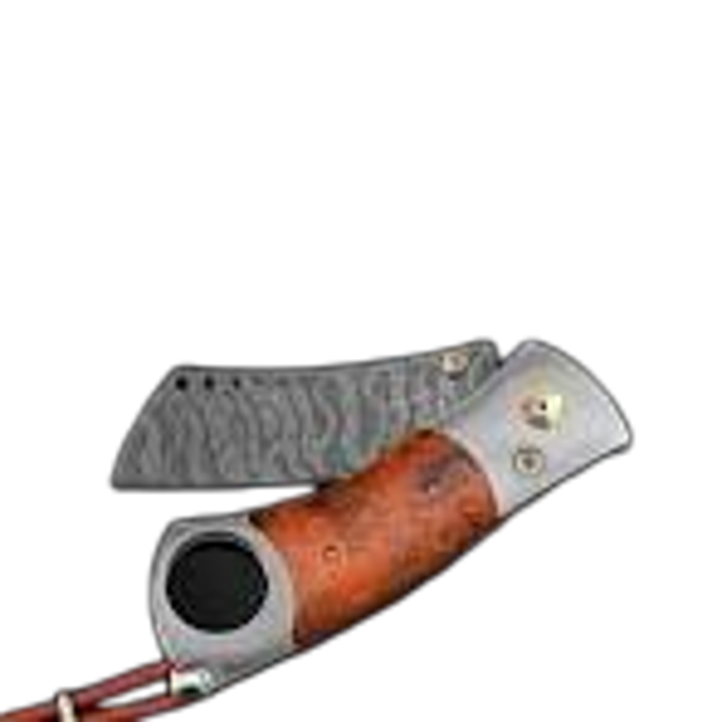 "The Mesa" William Henry Cigar Cutter with Titanium Frame and Desert Ironwood Inlay, with Damascus Steel Blade. Cuts up to a 52 Gauge Cigar.