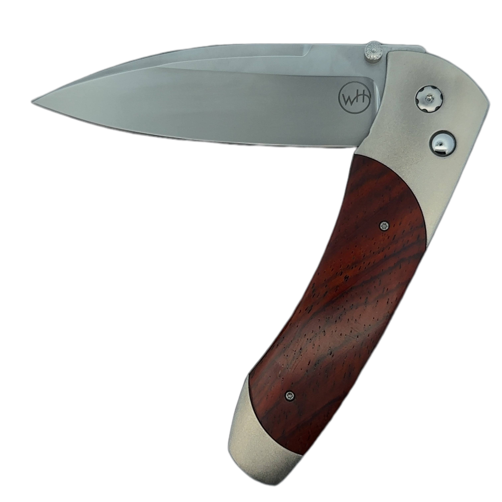 William Henry Knife Titanium Pocketknife With Stainless Blade And Cocobolo Wood, The A300-7 Features A Frame In Hand-Finished Aerospace Grade Titanium, Inlaid With Cocobolo Wood. The Blade Is Crafted From S35vn, A Rugged Stainless Steel Honed To A Razor’S