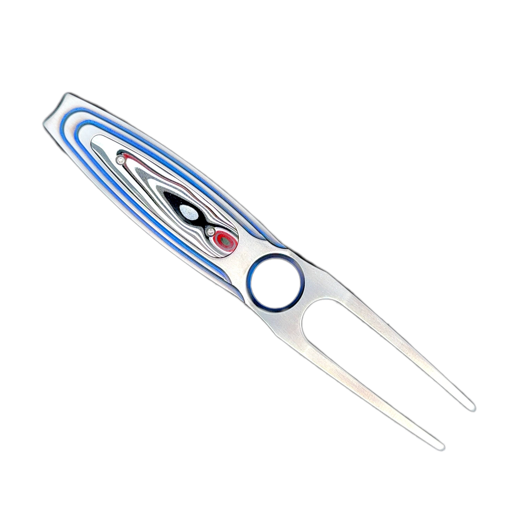 William Henry "Oakland Hills" Divot Tool Crafter from Aerospace Grade Titanium and Anodized to a Blue Hue, Inlaid with Fordit aka 'Detroite Agate'.