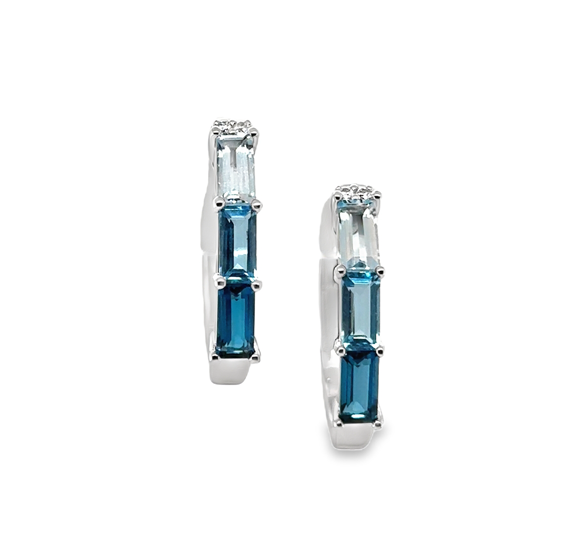 Lady's White 14 Karat Hoops Earrings With 6=2.51Tw Baguette Blue Topaz