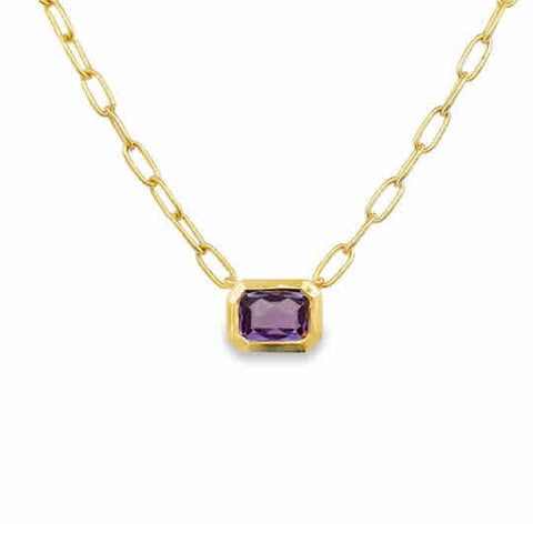 14ky Bezel Set with Amethyst, on a Paperclip Style Chain