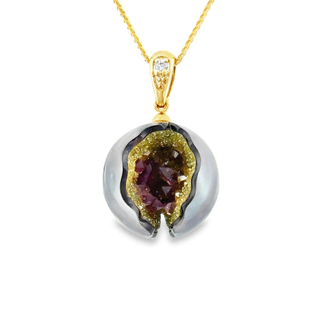 14K Yellow Gold 16mm Tahitian Pearl with Ruby and Pink Tourmaline