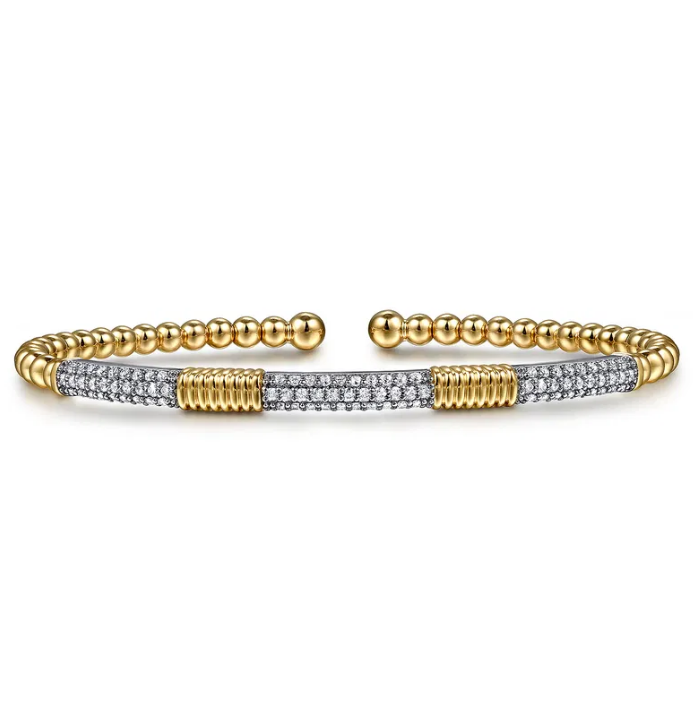 14K White-Yellow Gold Bujukan Beads and Diamond Station Split Bangle Bracelet with .52ctw Round Diamonds