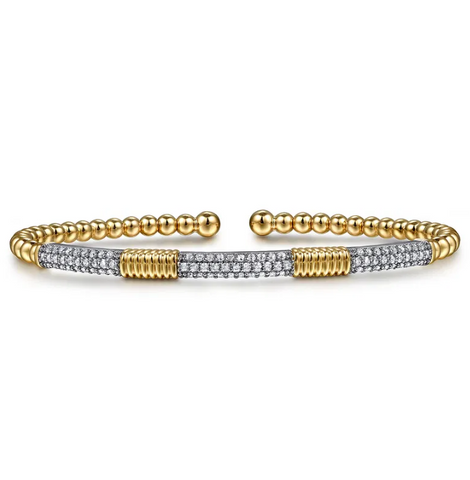 14K White-Yellow Gold Bujukan Beads and Diamond Station Split Bangle Bracelet with .52ctw Round Diamonds