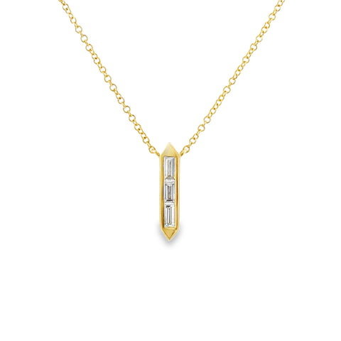 Lady's Yellow 14 Karat Stationary, Point Necklace With 0.18Tw Baguette G/H Vs2 Diamonds Reg $1800 Vendor Price $900 Purchases made from our Vendor Price case are not eligible for "complimentary" services. Standard ring sizings, setting fees, and yearly