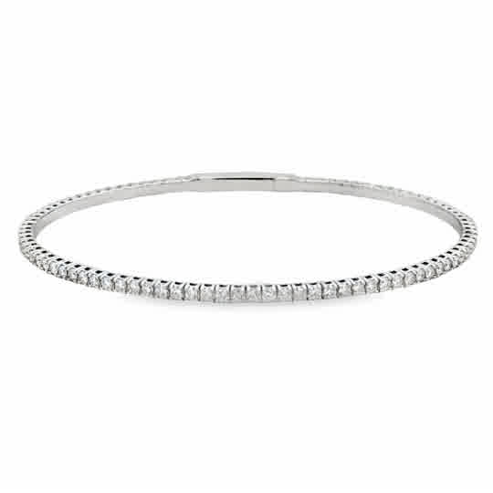 14 Karat White Gold Flexie Bangle with Prong Set Stations, with 1.37tw Round Brilliant G/H Si1/Si2 Diamonds. Size 6.75''
