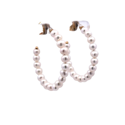 Lady's Yellow 14 Karat Hoop Earrings With Cultured Pearls