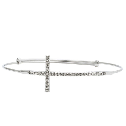 Lady's White Sterling Silver Adjustable Bangle, Cross Bracelet With 0.