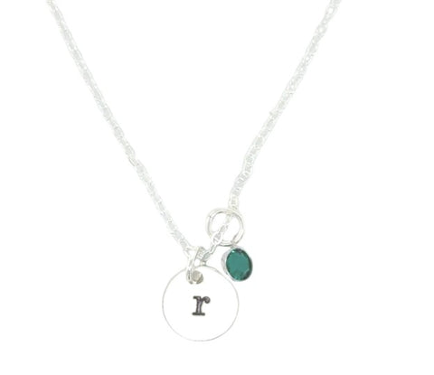 Lady's White Sterling Silver Dainty Initial & Birthstone Necklace Worn
