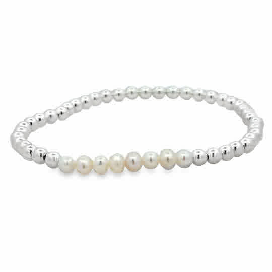 4mm Sterling Silver Beads with 4mm Pearl Bar 7''