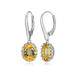 Lady's White Sterling Silver Oval Dangle Earrings 2 Oval Citrines