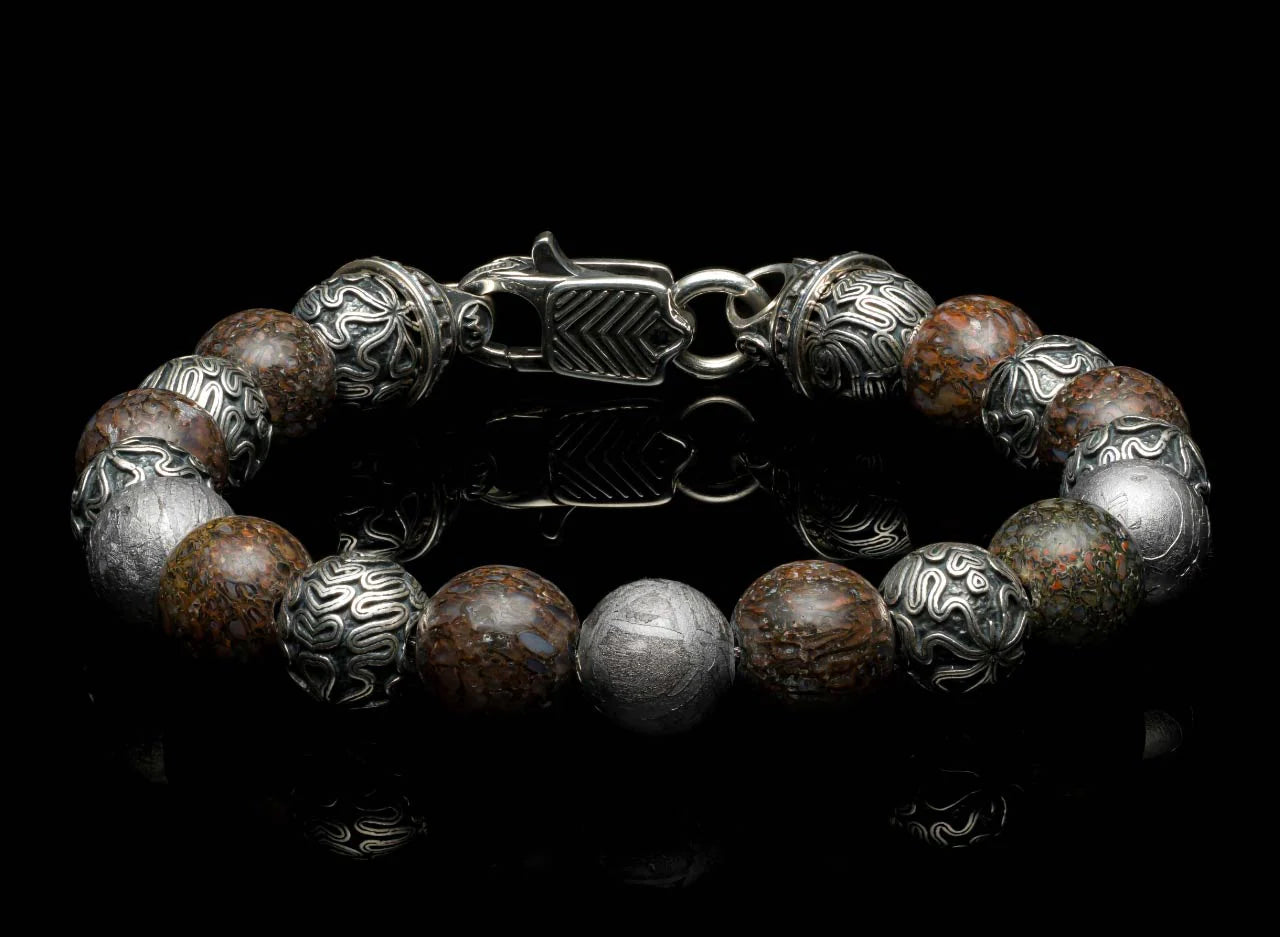 Beaded Bracelet with Meteorite, Dinosaur, and Sterling Silver Beads