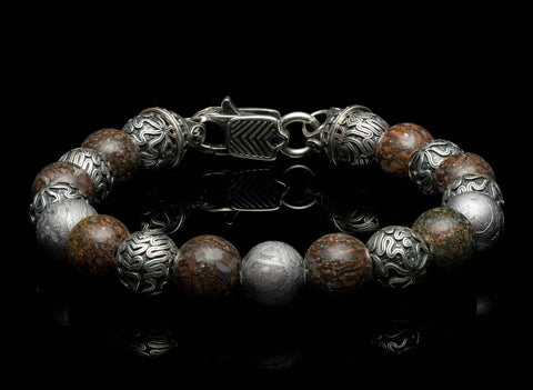 Beaded Bracelet with Meteorite, Dinosaur, and Sterling Silver Beads