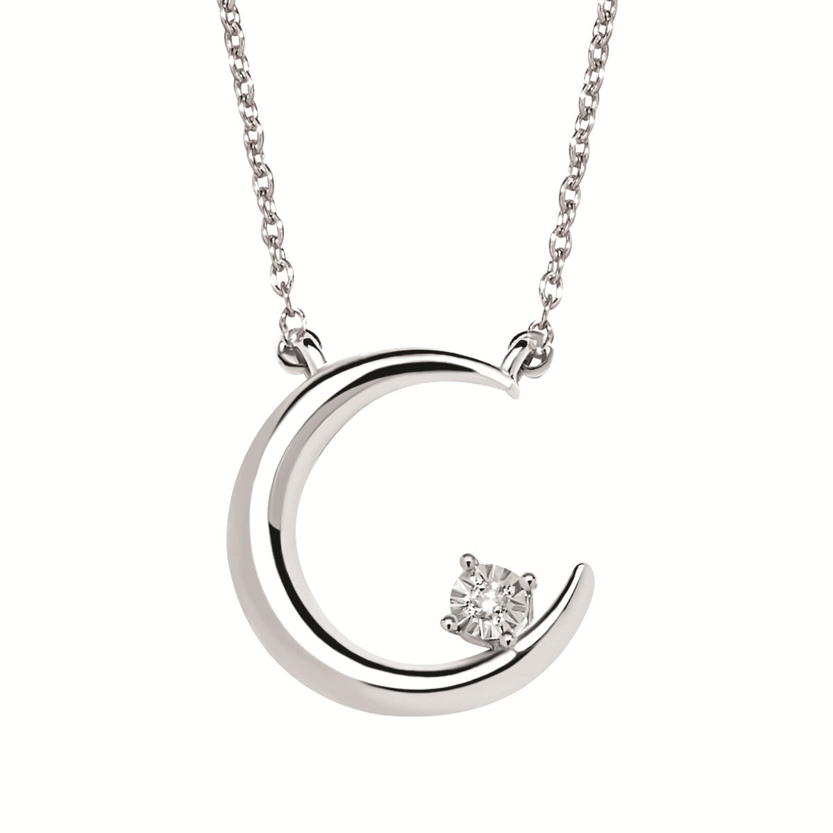 White Sterling Silver Stationary Moon Pendant With 0.01Tw Round H/I Si