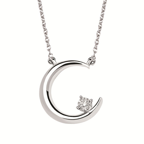 White Sterling Silver Stationary Moon Pendant With 0.01Tw Round H/I Si