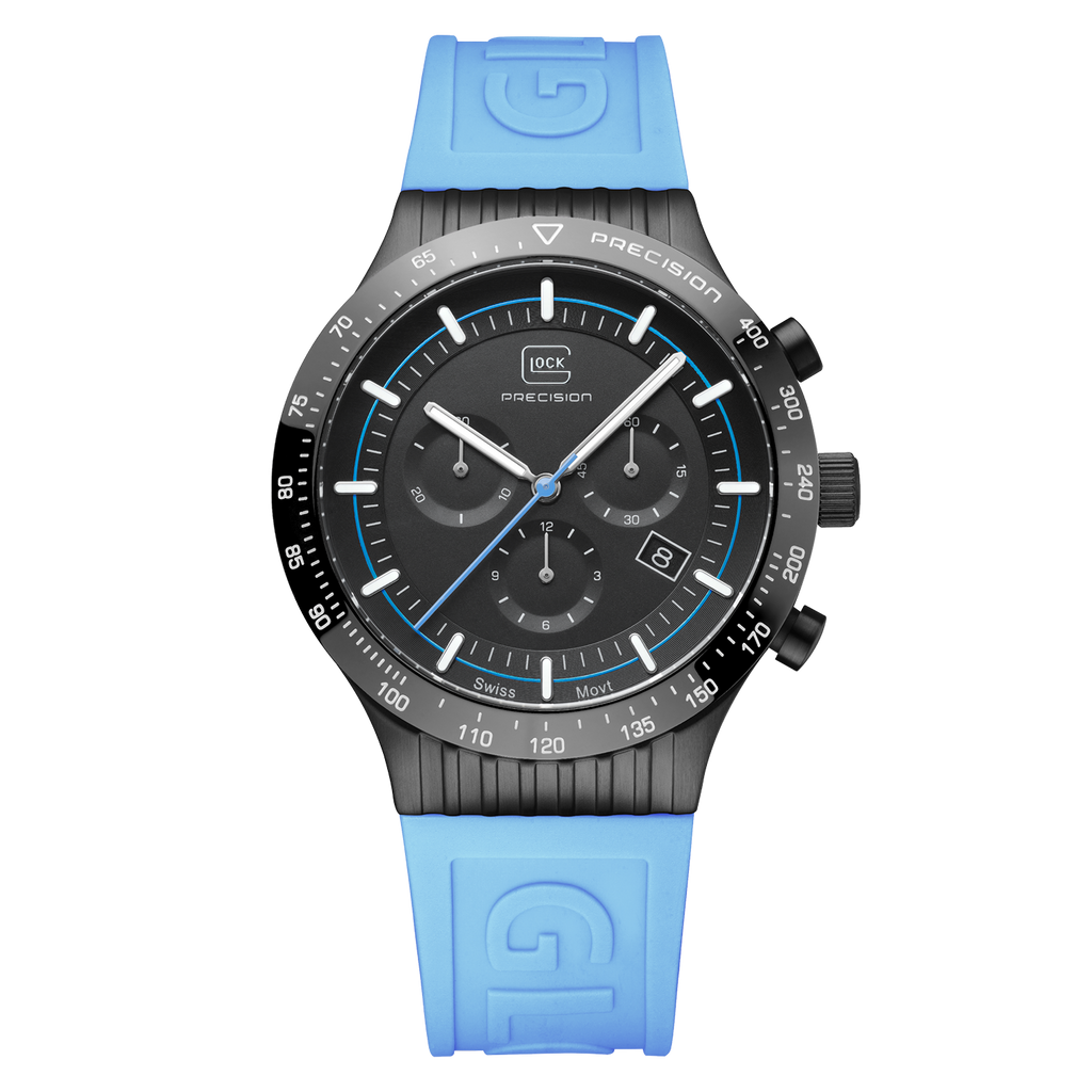 Encased in brushed black stainless steel, this watch boasts a blue sil