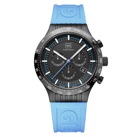 Encased in brushed black stainless steel, this watch boasts a blue sil