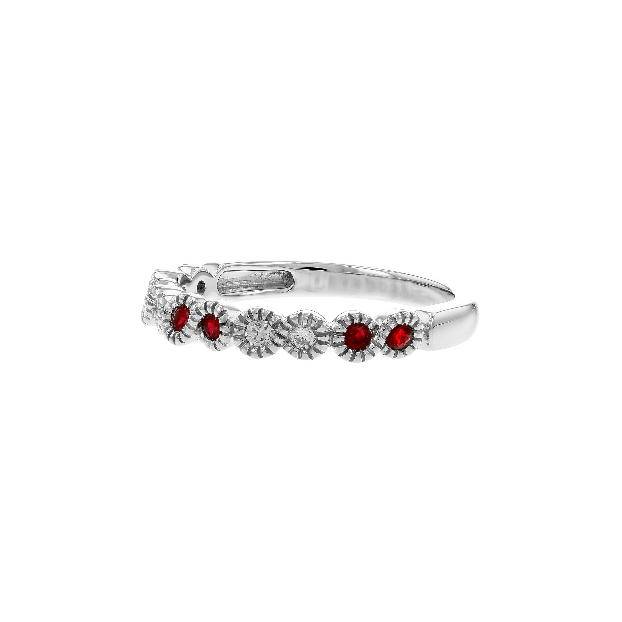 14 Karat White Gold Bezel Set Ring with .16ctw Rubies and .09ctw Round Brilliant Cut Diamonds