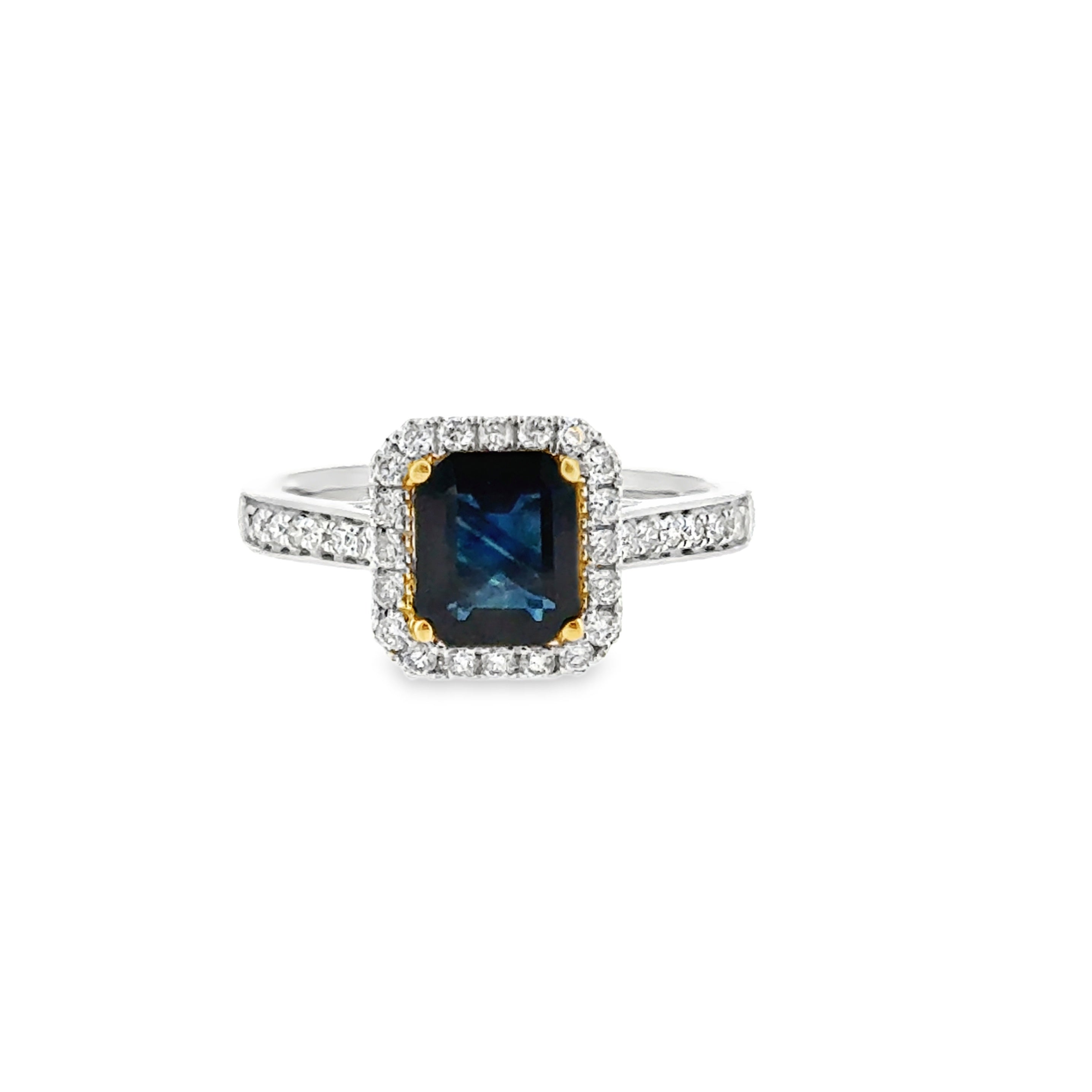 Platinum & 14 Karat Yellow Gold Halo Fashion Ring with 1.43 Carat Sapphire and .36ctw Diamonds