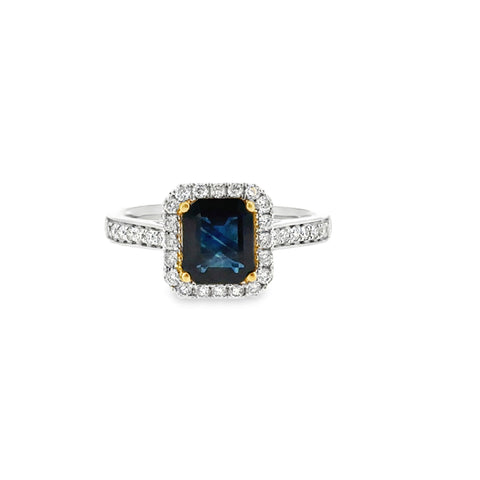 Platinum & 14 Karat Yellow Gold Halo Fashion Ring with 1.43 Carat Sapphire and .36ctw Diamonds