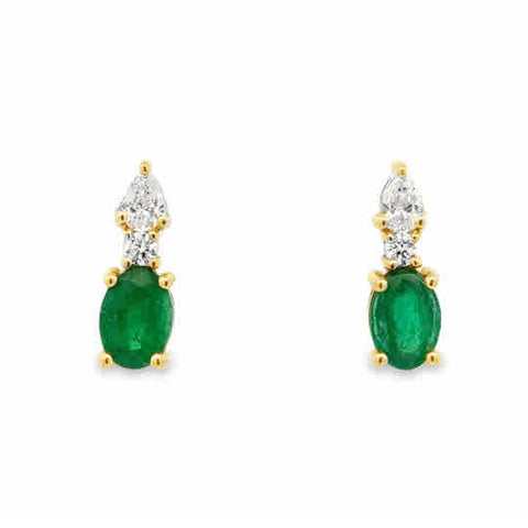 14 Karat Yellow Gold Fashion Earrings with Oval Cut Emeralds, Pear Cut and Round Brilliant Cut Diamonds
